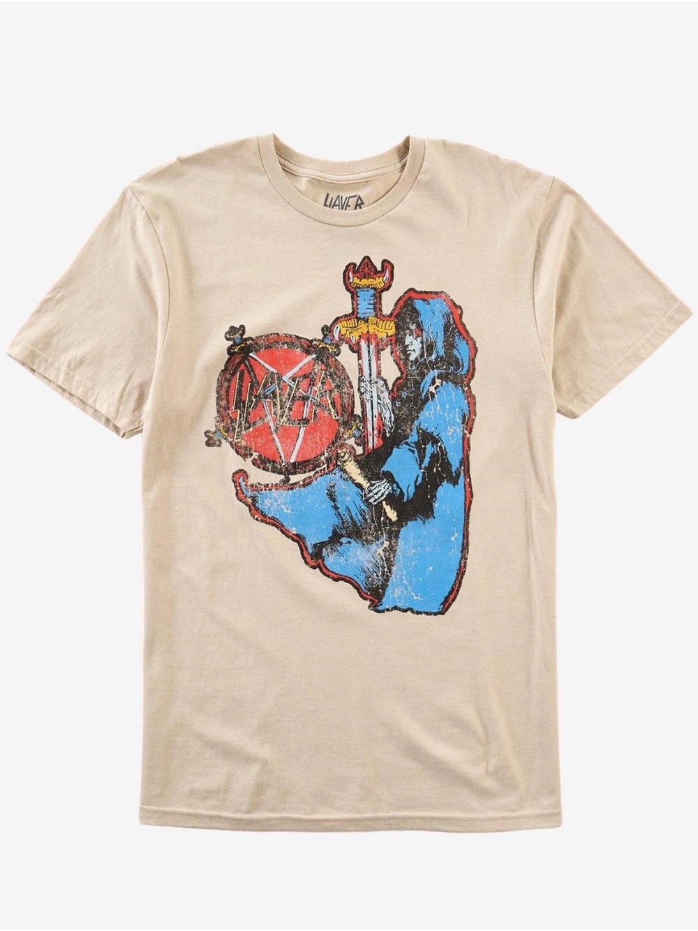 🆕 Slayer Spill The Blood Beige Tee with Blue Hooded Figure and Red Emblem